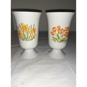 Vintage Pair Handleless Footed Mugs Vases Yellow Floral Print